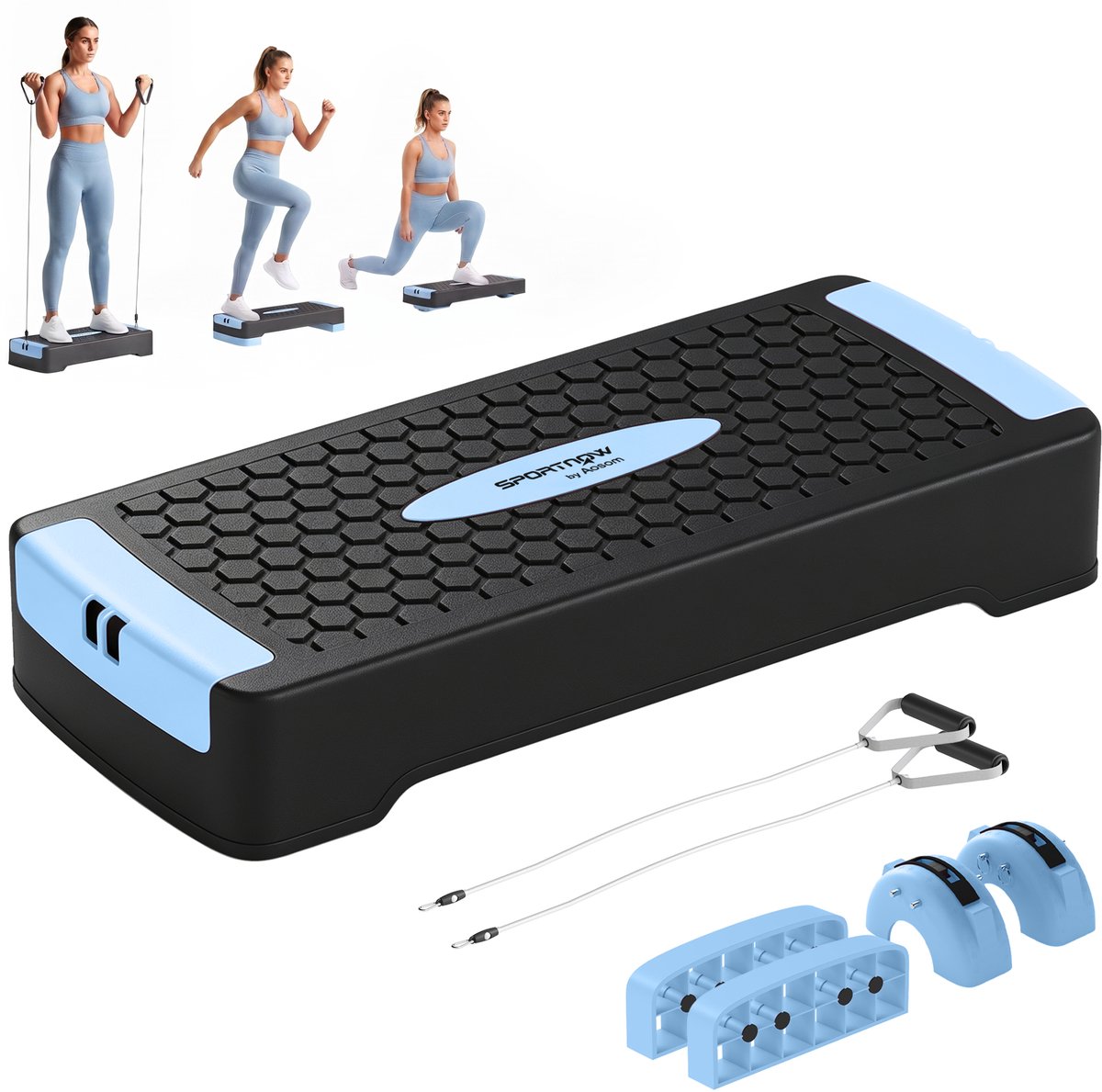 ROLIPO Aerobic Step Verstelbaar – Fitness Stepper met 2 Hoogtes 11/16 cm – Inclusief 2 Weerstandsbanden en Antislipmat – Blauw