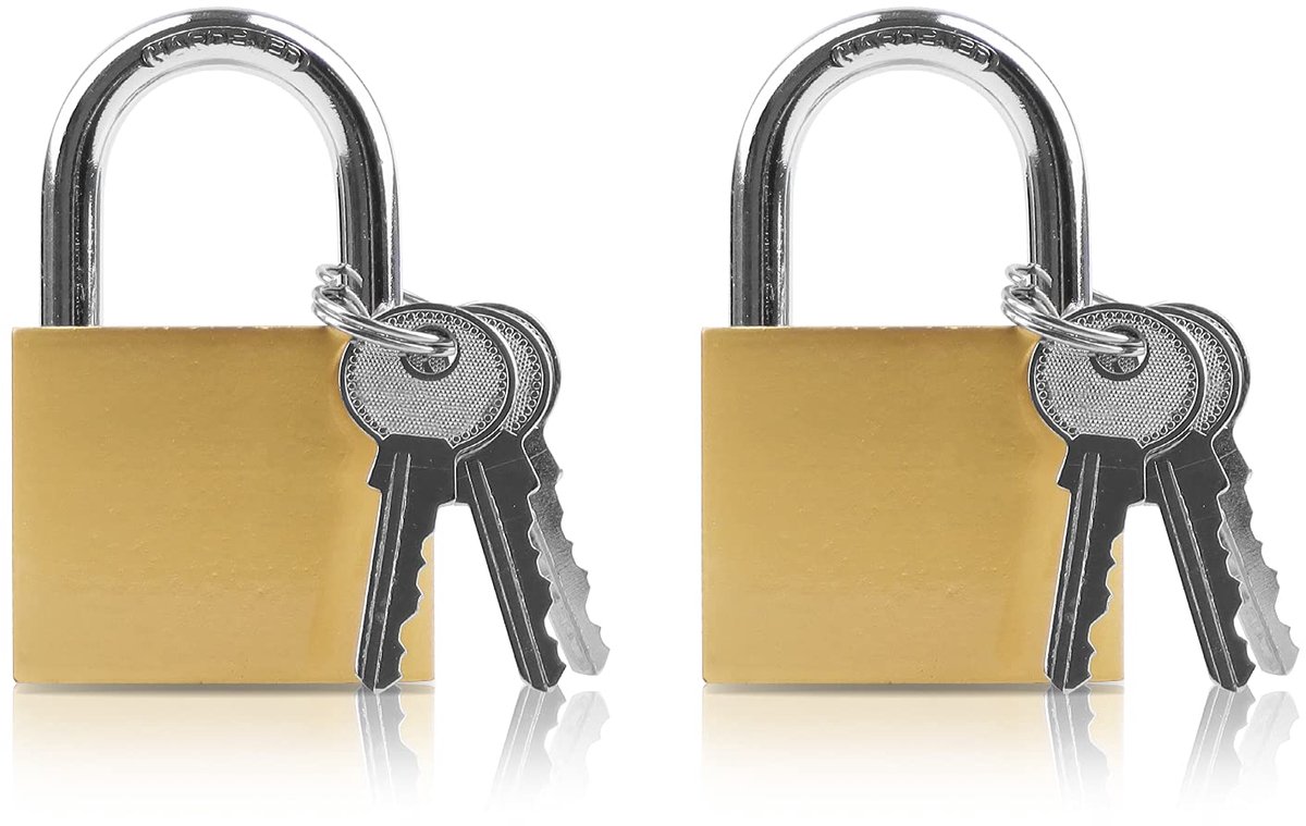 Set van 2 kleine hangsloten met sleutel, 32 mm, voor koffers en kluisjes