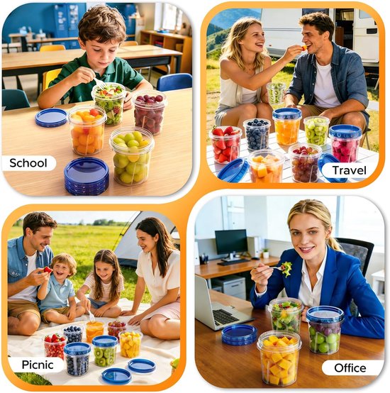 Des enfants et des adultes savourent des fruits et légumes frais dans des cadres scolaires, de voyage, de pique-nique et de bureau, dans des pots transparents avec des couvercles bleus.