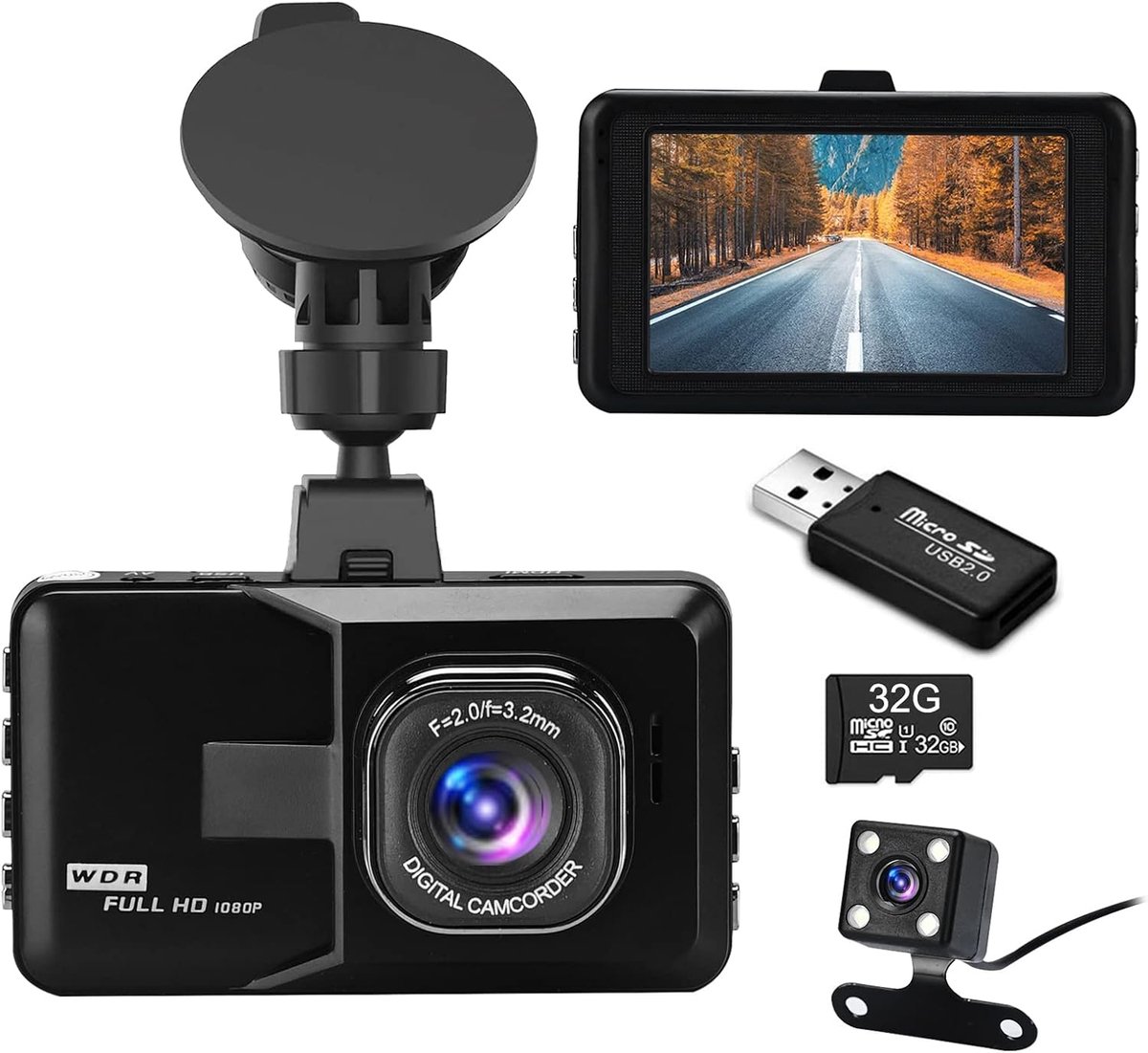 Podazz Dashcam auto voor en achter — 3 inch IPS-scherm FHD 1080P Dash Cam, voor auto's 170 groothoek, super - ShopVlot