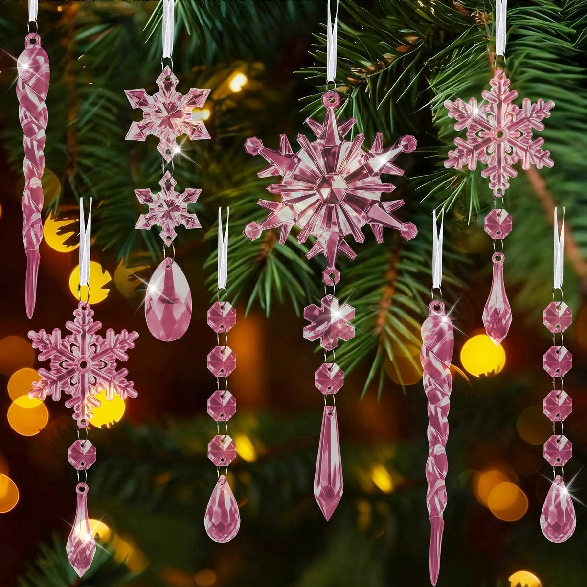 Kiiwah 16 stuks kristallen ornamenten, kerstboomversiering, acryl sneeuwvlok ijspegels druppels,kerstboom hangende - ShopVlot