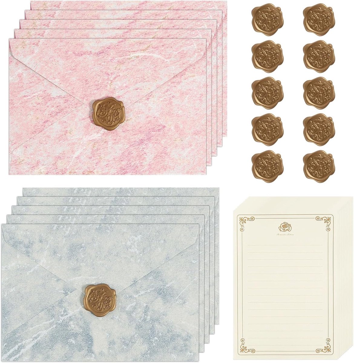 35 stuks briefpapier met envelop, 15 schrijfpapier met 10 enveloppen A5, 10 waszegels, zelfklevend, voor - ShopVlot