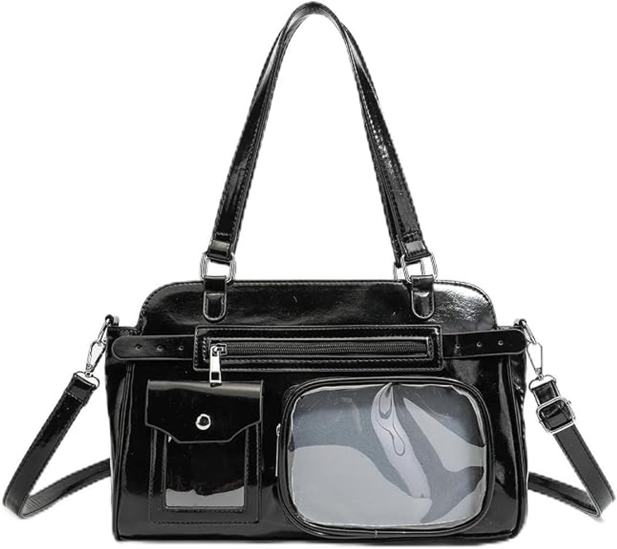 KZQ Zwarte doorzichtige crossbodytas met motorfiets-thema en badge-display voor anime - Y2K-stijl, ideaal voor dames als schoudertas en portemonnee