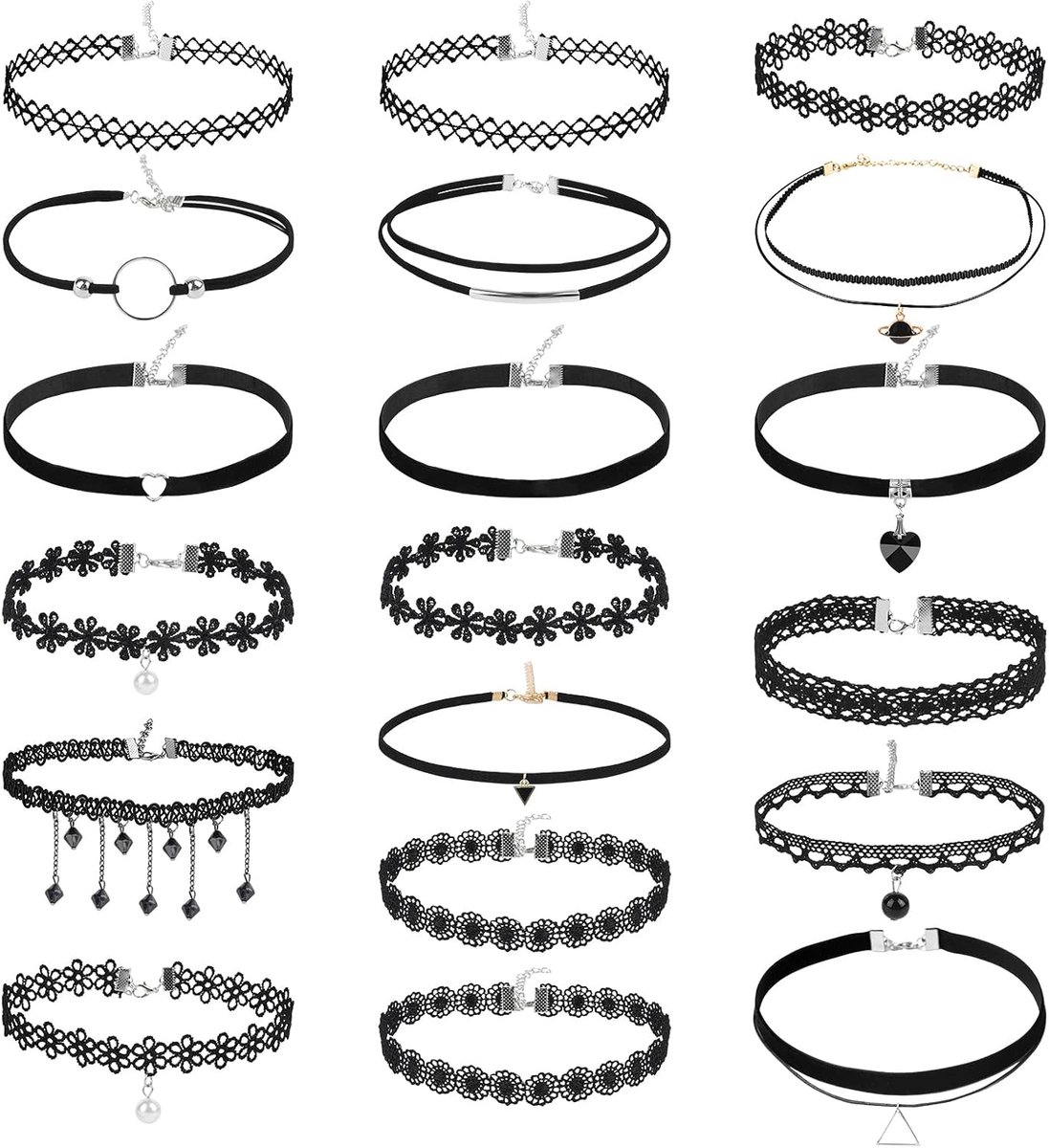 Chokerketting voor dames, set van 19 stuks, zwarte choker halsketting, fluwelen gothic halsband voor dames - ShopVlot