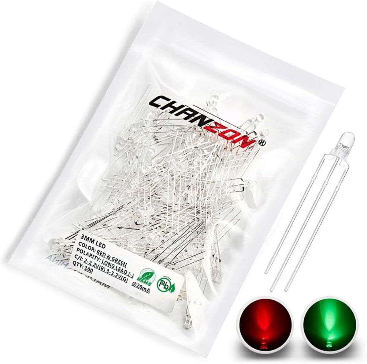 Chanzon 100pcs 3mm Red & Green LED Diode Lights (Clear Round Transparent Bicolor Common Cathode) Bright Lighting Lamp - ShopVlot