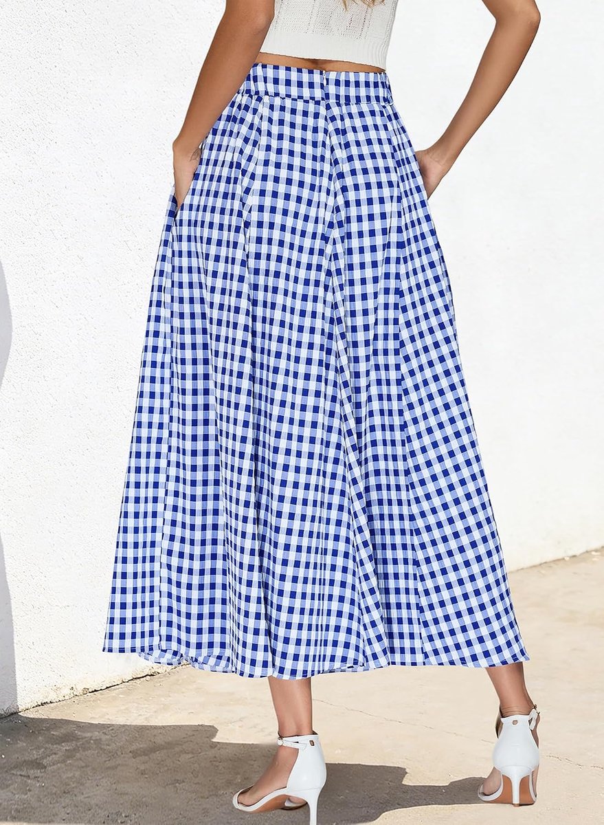 Long Pants Women Check High Waist Maxi Beach A-Line Skirt with Side Pockets - ShopVlot