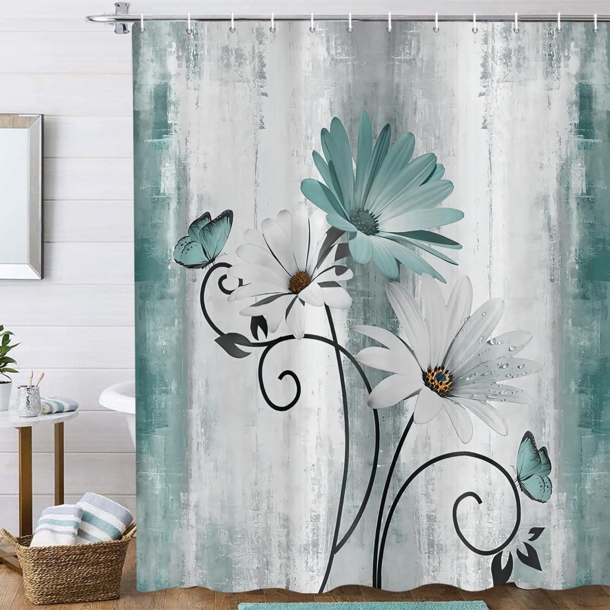 Rustic Farmhouse Shower Curtain, 180 x 200 cm, Vintage Farmhouse Teal Daisies Flowers Butterflies Waterproof Bath - ShopVlot