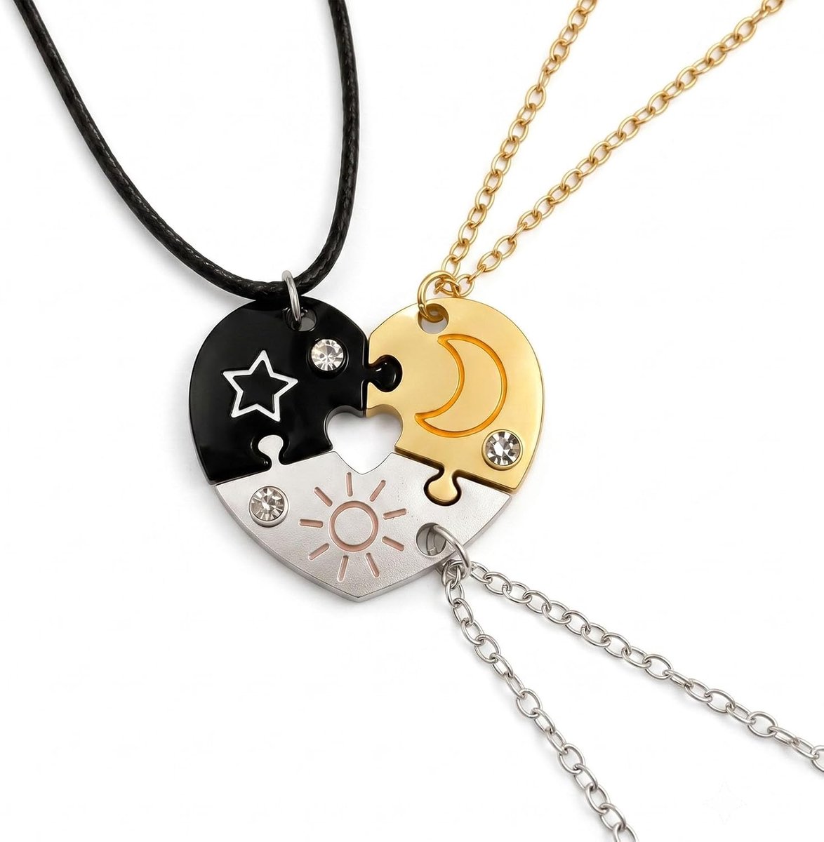 Vriendschapskettingen voor 3, hartvormige puzzelketting, BFF zon, maan, ster, bijpassende vriendschapscadeaus voor - ShopVlot