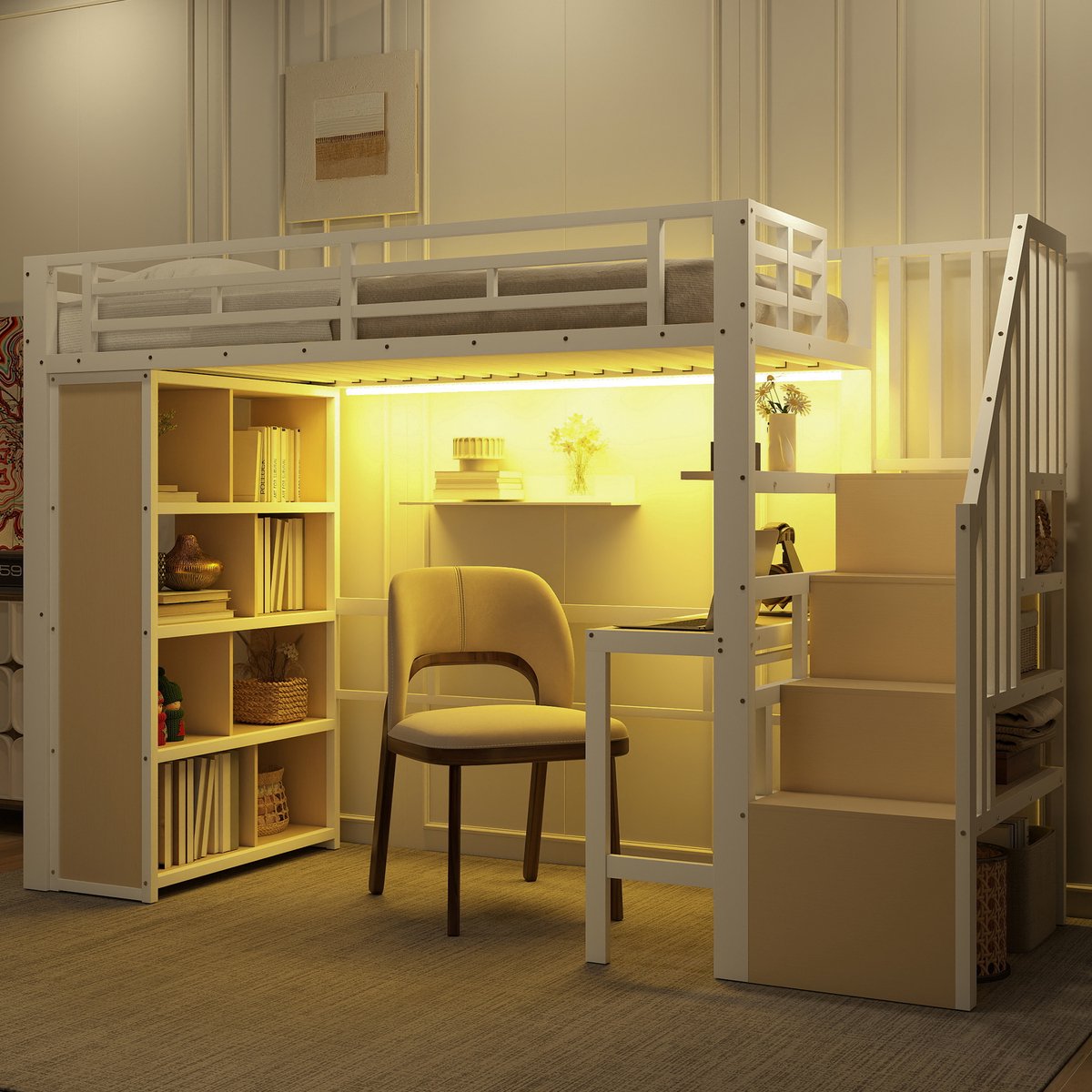 Hoogslaper - 90 x 200 cm - 1-persoons - met bureau - met opbergruimte - met LED-verlichting - met trap - Wit
