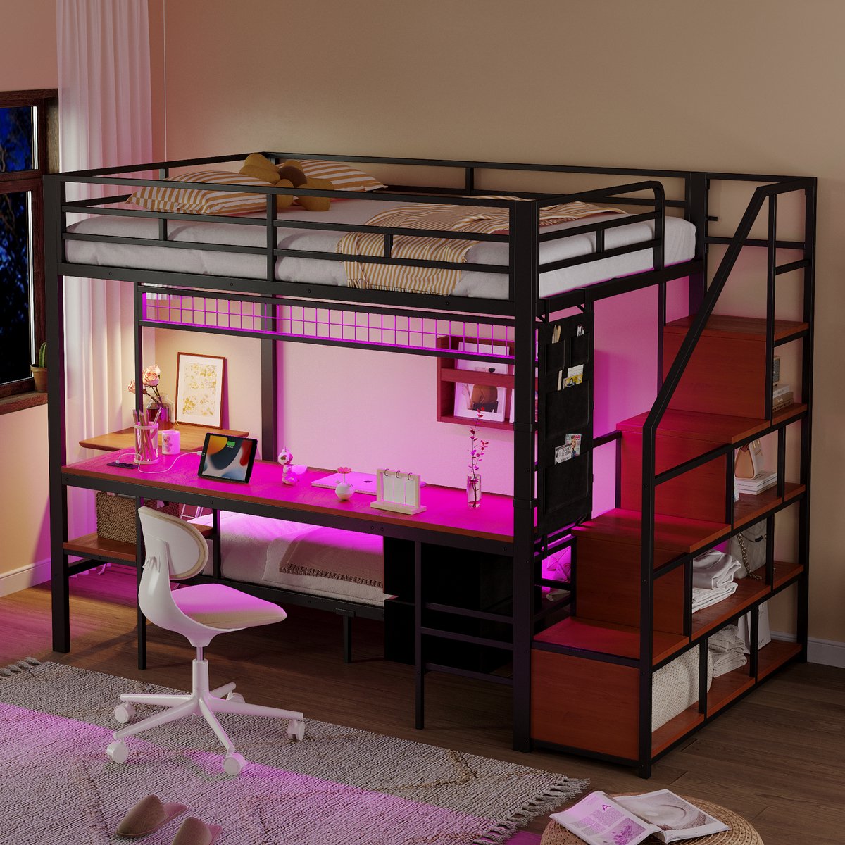 Stapelbed - 140/90 x 200 cm - 2 slaapplaatsen - met bureau - met opbergruimte - met LED-verlichting - met stopcontact - Zwart