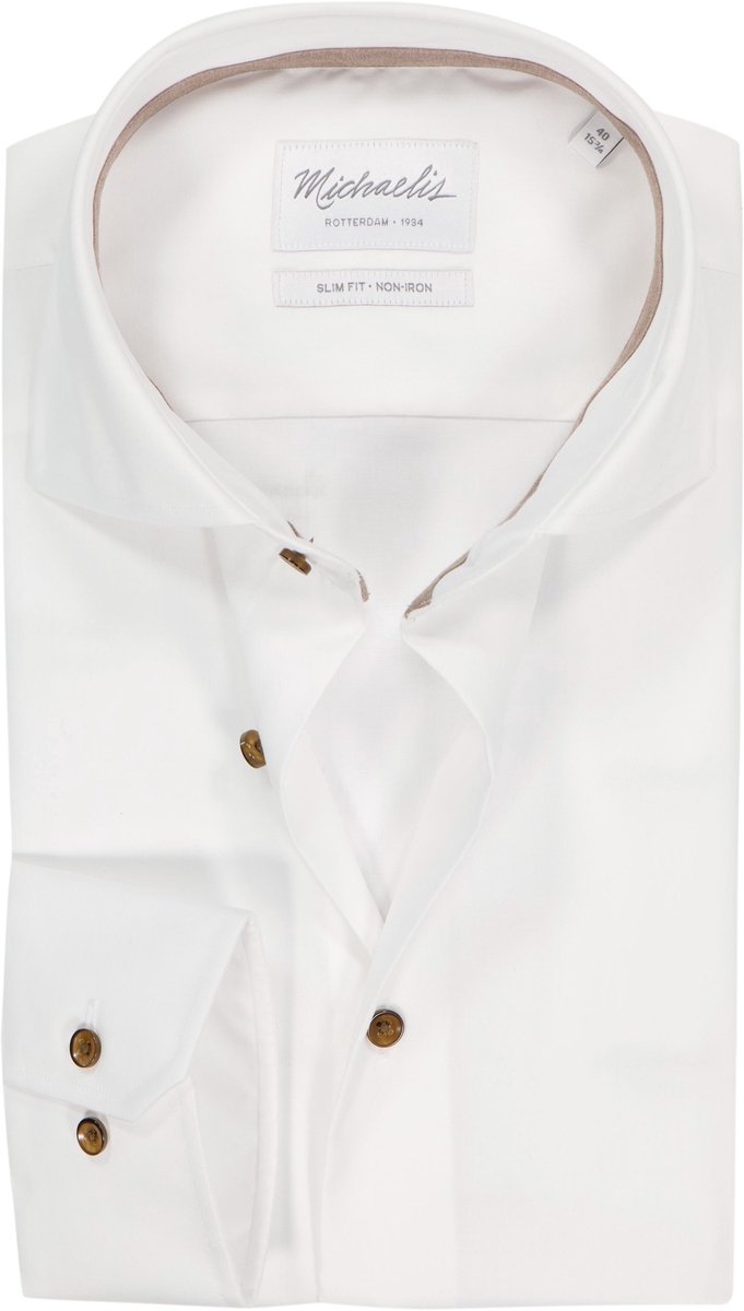 Michaelis slim fit heren overhemd - twill - wit - Strijkvrij - Boordmaat: 41 (EU maat: L)