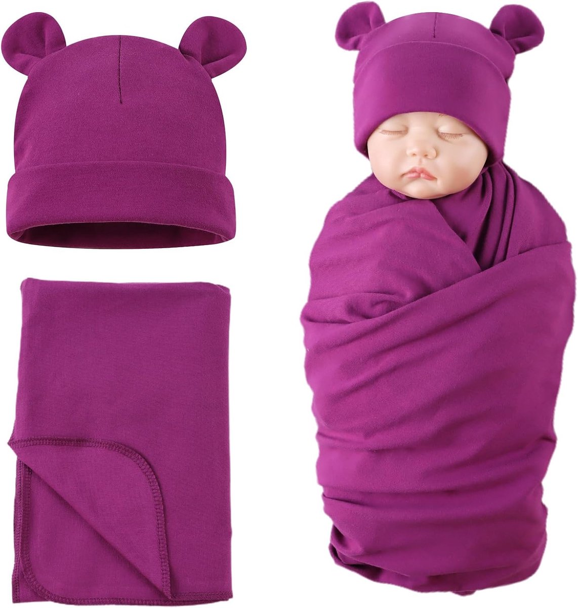 XIAOHAWANG Cotton Swaddle Blanket with Baby Hat, Cute Newborn Hat, Bear, Birth, Blanket and Hat (Purple) - ShopVlot