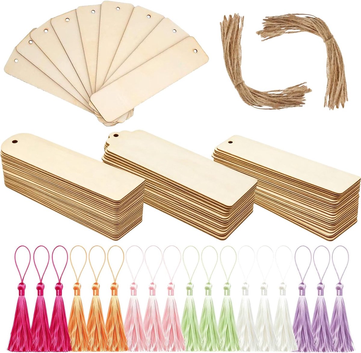 72 Wooden Blank Bookmarks, Bookmark Blanks Set, with 72 Pieces Colorful Tassels and 72 Pieces Rope, Empty Bookmark - ShopVlot