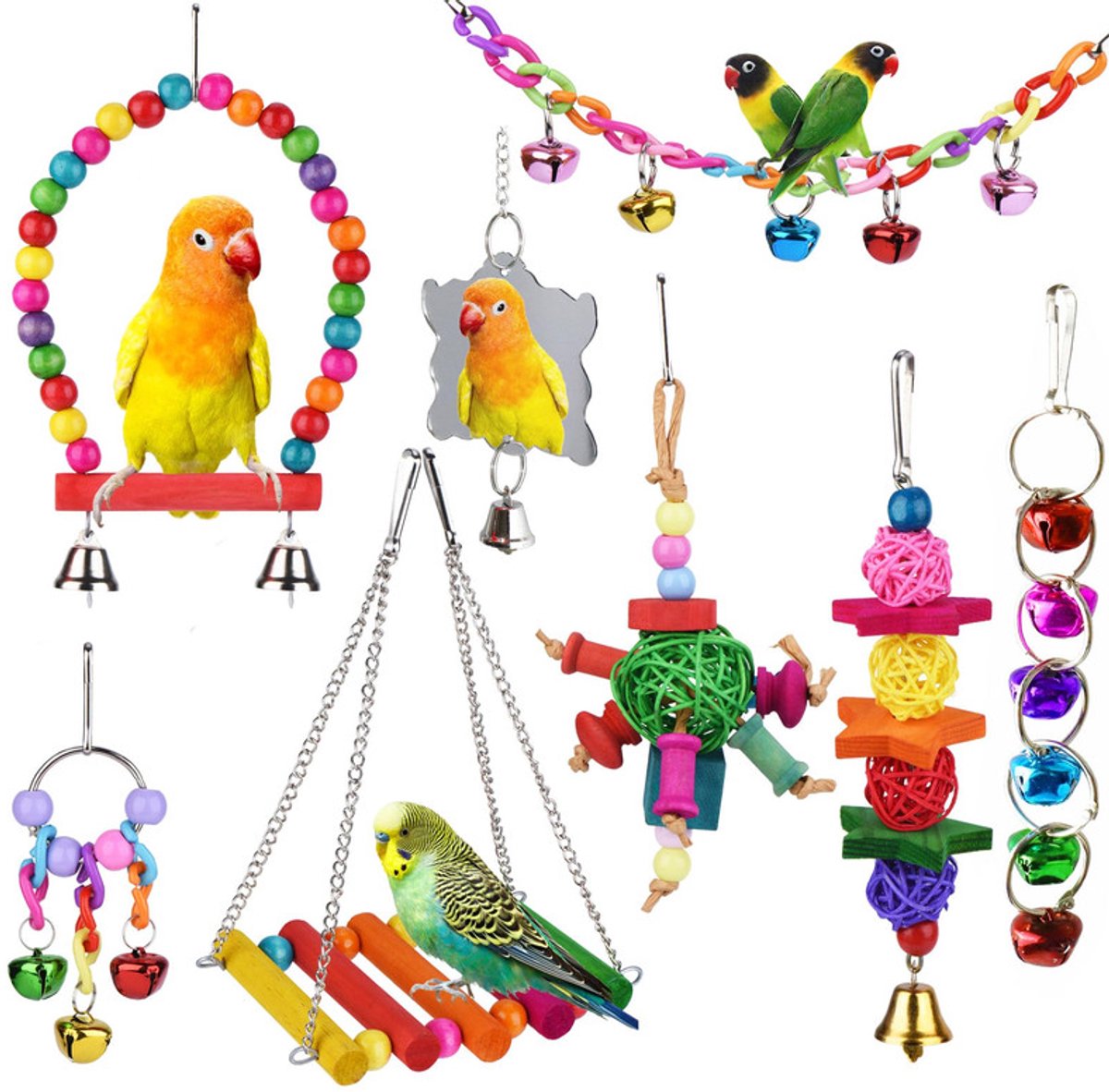 Vogelspeelgoed voor parkieten - 8-delige set met schommels, kauwspeelgoed en belletjes - kleurrijke kooihangers met spiegel - voor valkparkieten, conures en vinken
