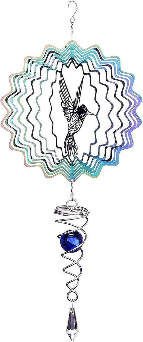 Kolibrie windspinner, 15 cm iriserend metaal, tuin hangdecoratie met spiraalstaart en blauwe kristalbal