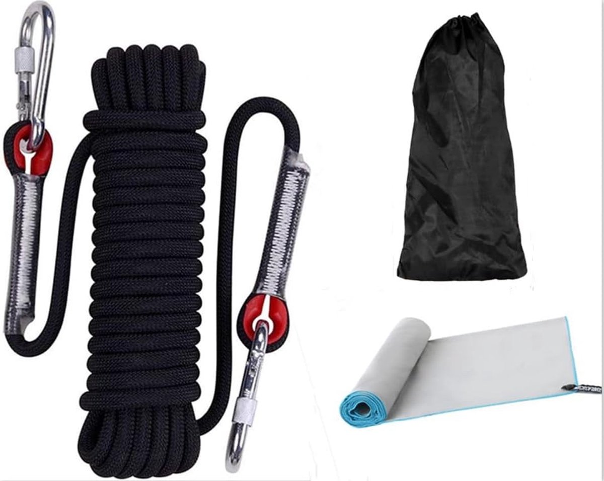 Amalan Multifunctional Outdoor Rope + Quick-Drying Towel D10 mm Nylon Rope with 2 Carabiner Hooks Load Capacity 1200 - ShopVlot