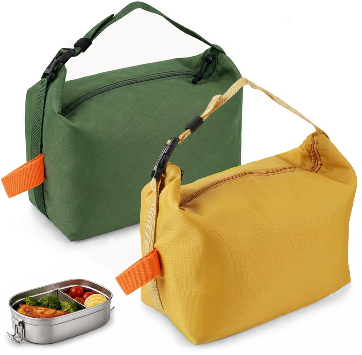 Namajunas - 2 stuks geïsoleerde lunchtas - Koeltas - Dikke aluminiumfolie-binnenlaag - Verstelbare schouderriem - Handtas - Waterdicht & Lekvri - Kampeertas voor werk, school, picknick, reizen - Groen en geel