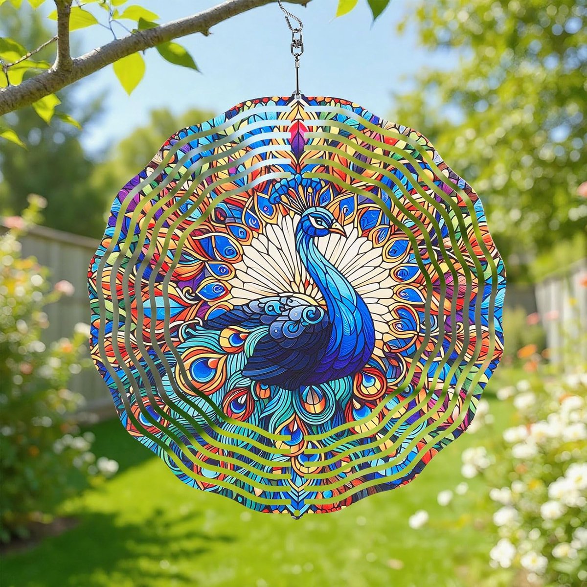 Pauw windspinner, 30×30×1 cm roestvrij staal, kleurrijke tuin hangdecoratie, vogelverjager met draaibare haak