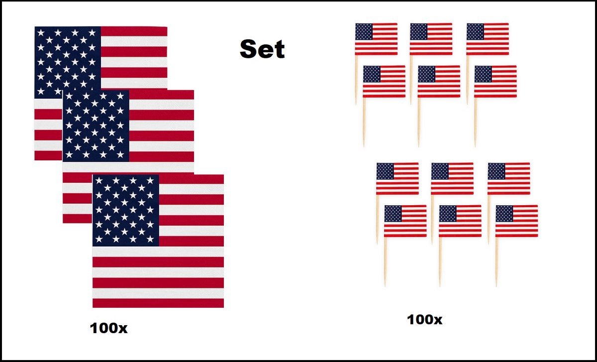100x Servetten USA 33cm x 33cm 3 laags + 100x Cocktailprikkers USA - Amerika set - VS thema feest voetbal