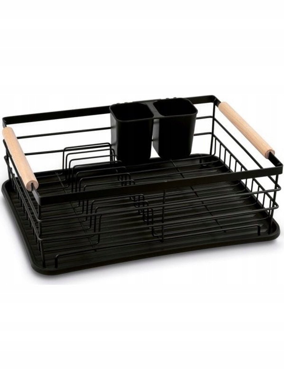 Zwarte Afdruiprek met Houten Handvatten - 43x32x14 cm