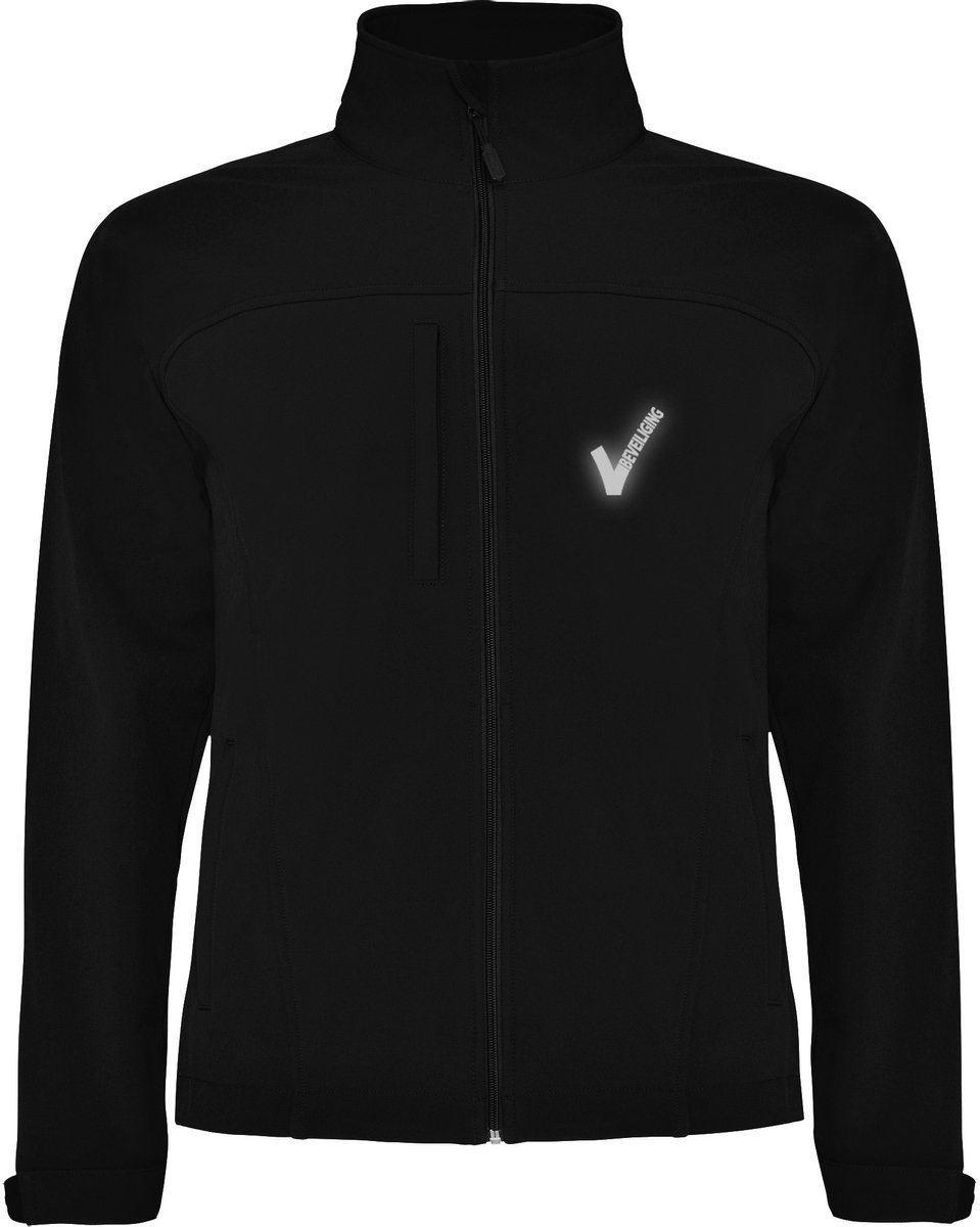 Zwarte unisex Softshell jas met Reflecterend Beveiliging / Security borstlogo het bekende V-tje en als ruglogo SECURITY - voor PROFESSIONALS, merk ROLY Maat S