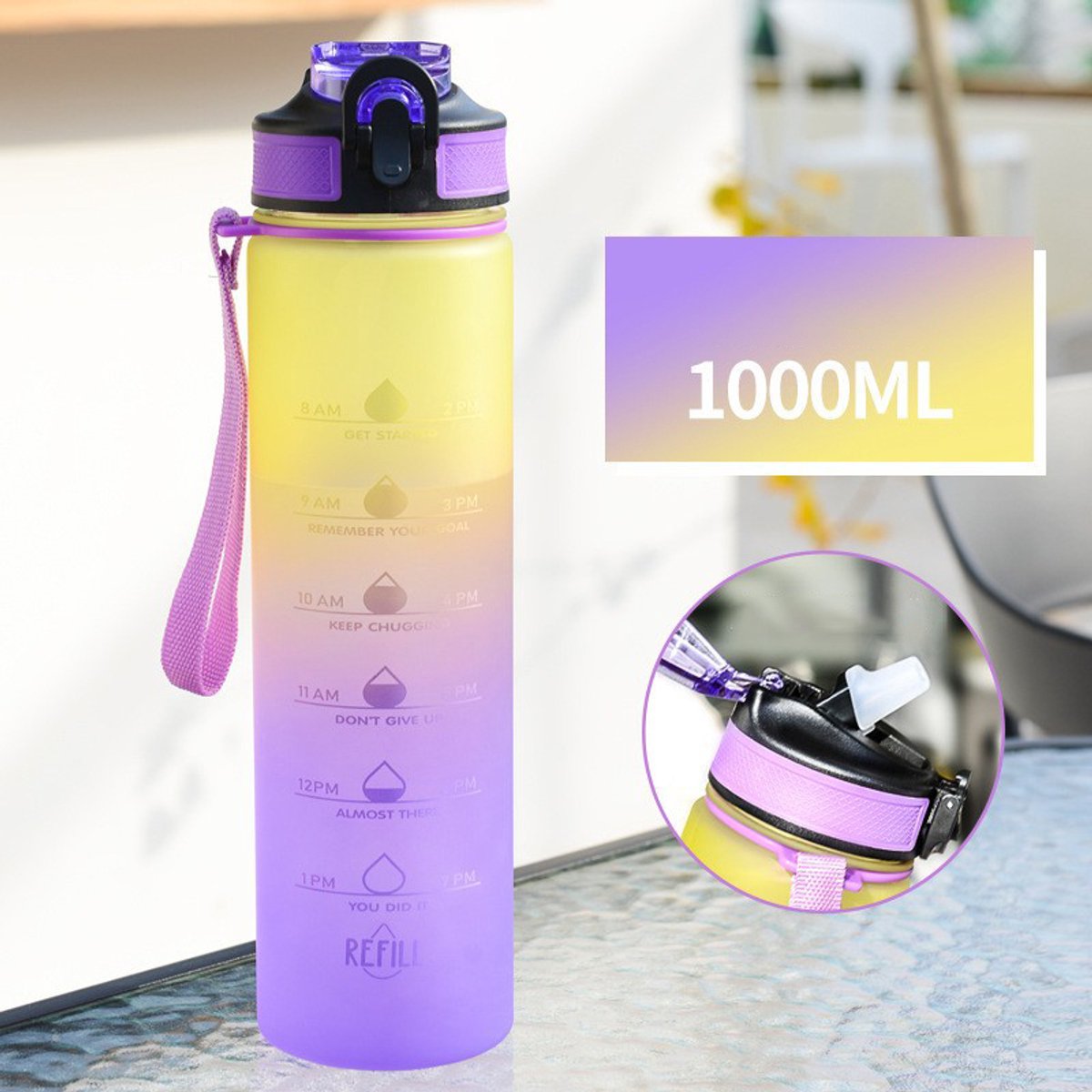 Deze waterfles van 1000 ml heeft een drinktijdindicator en een rietje Hij is voorzien van een handvat is lekvrij BPA-vrij en gifvrij zodat je altijd gehydrateerd blijft Afmetingen 7,5 x 29 cm （Kleurverloop geel）