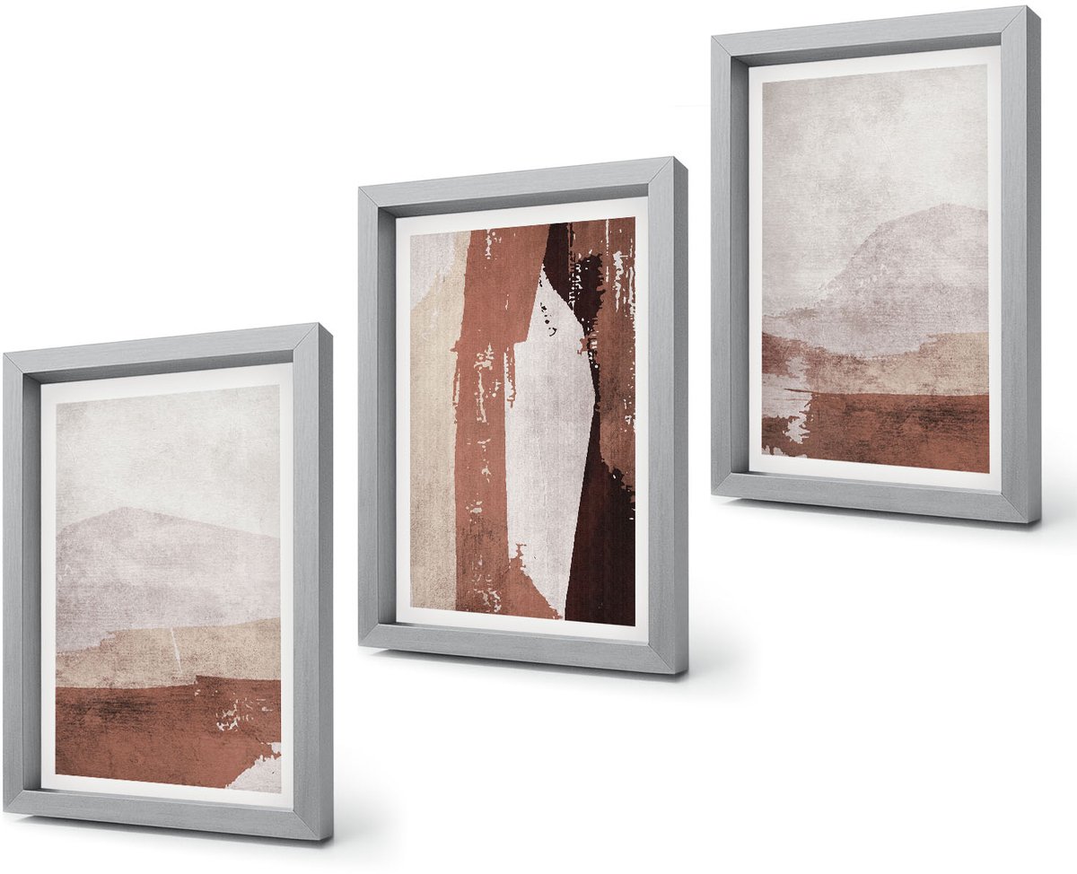 Coloray 4-Delige Schilderij Set - Abstracte patronen in bruine en beige tinten. - 20 x 30 cm - Muurdecoratie - Wanddecoratie - Slaapkamer - Interieur Decoratie Zilveren lijst