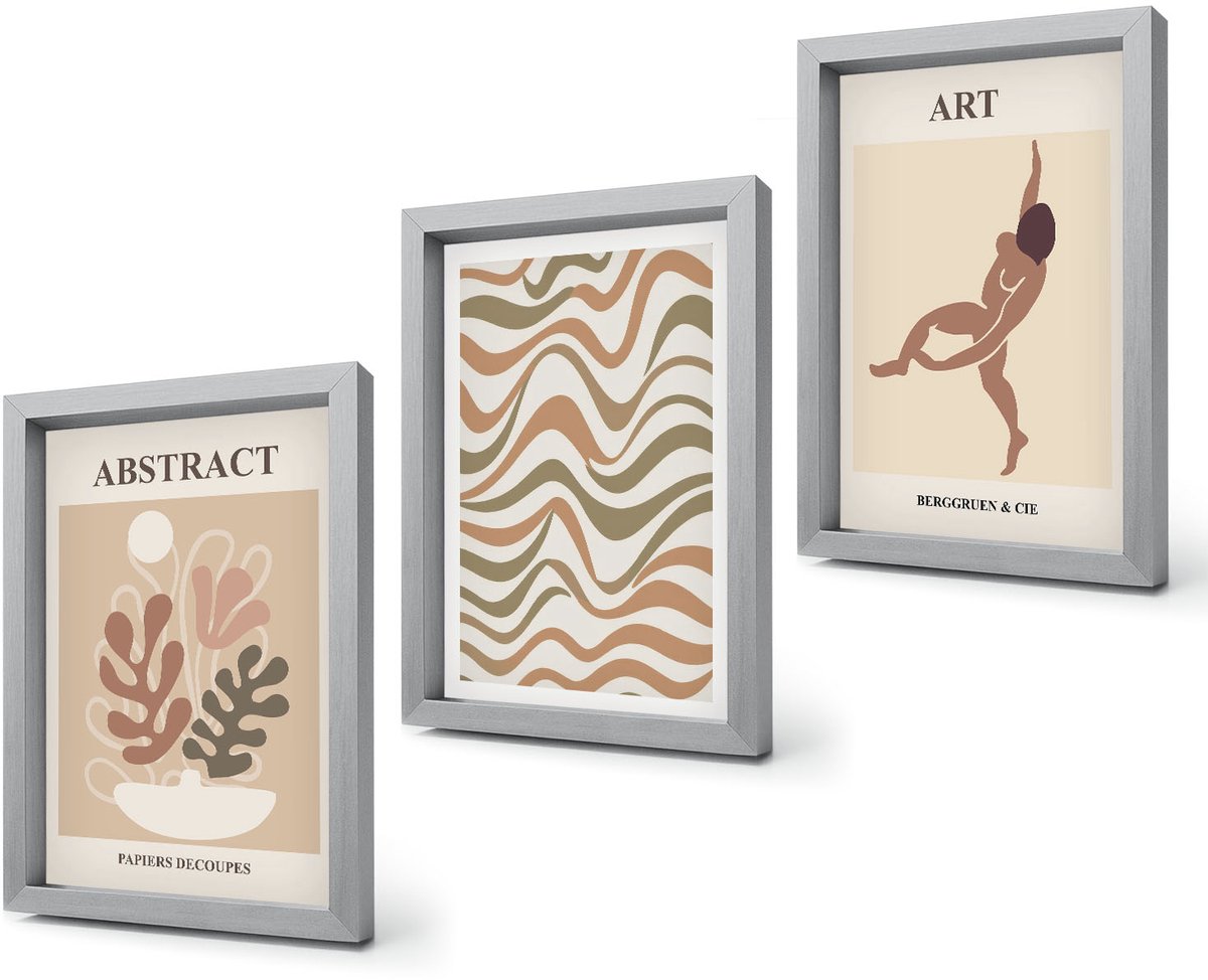 Coloray 4-Delige Schilderij Set - Matisse Boho Abstracte Vormen en Patronen - 20 x 30 cm - Decoratieve Muurdecoratie - Slaapkamer Zilveren lijst