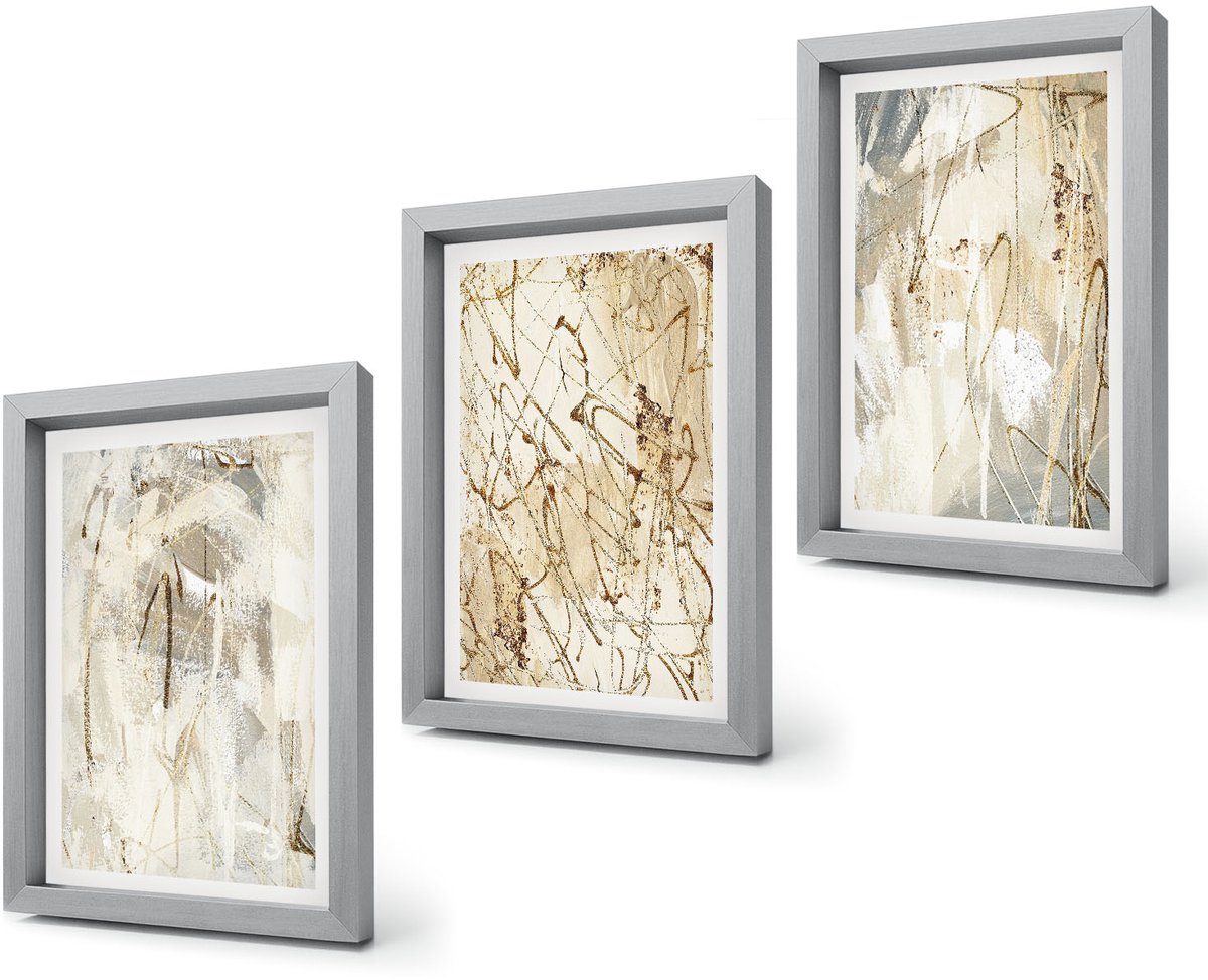 Coloray 4-Delige Schilderij Set - Abstracte patronen in beige en grijze tinten. - 20 x 30 cm - Muurdecoratie - Wanddecoratie - Hal - Decoratieve Schilderijen Zilveren lijst