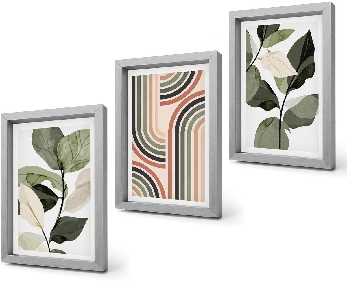 Coloray 4-Delige Schilderij Set - Plantmotieven met geometrische patronen in groene tinten - 20 x 30 cm - Wanddecoratie - Moderne Interieurdecoratie - Interieur Decoratie Zilveren lijst