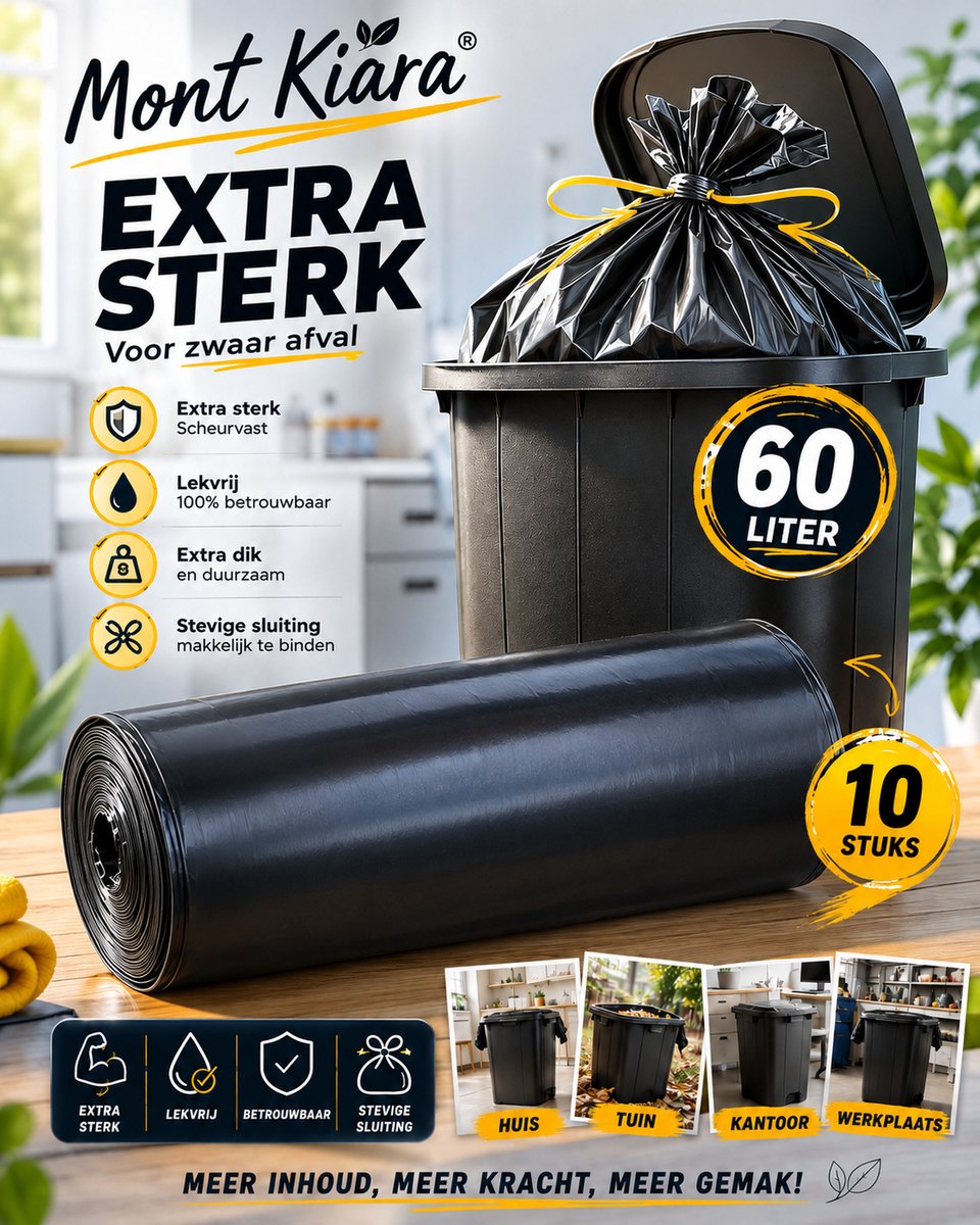 Mont Kiara Afvalzakken - 60 Liter - Extra Sterk - 10 Stuks - Zwart