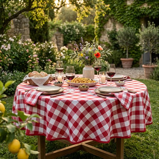 Nappe à carreaux rouge et blanc sur une table ronde dressée avec vaisselle, pain, olives, pâtes et vase de fleurs, dans un jardin.