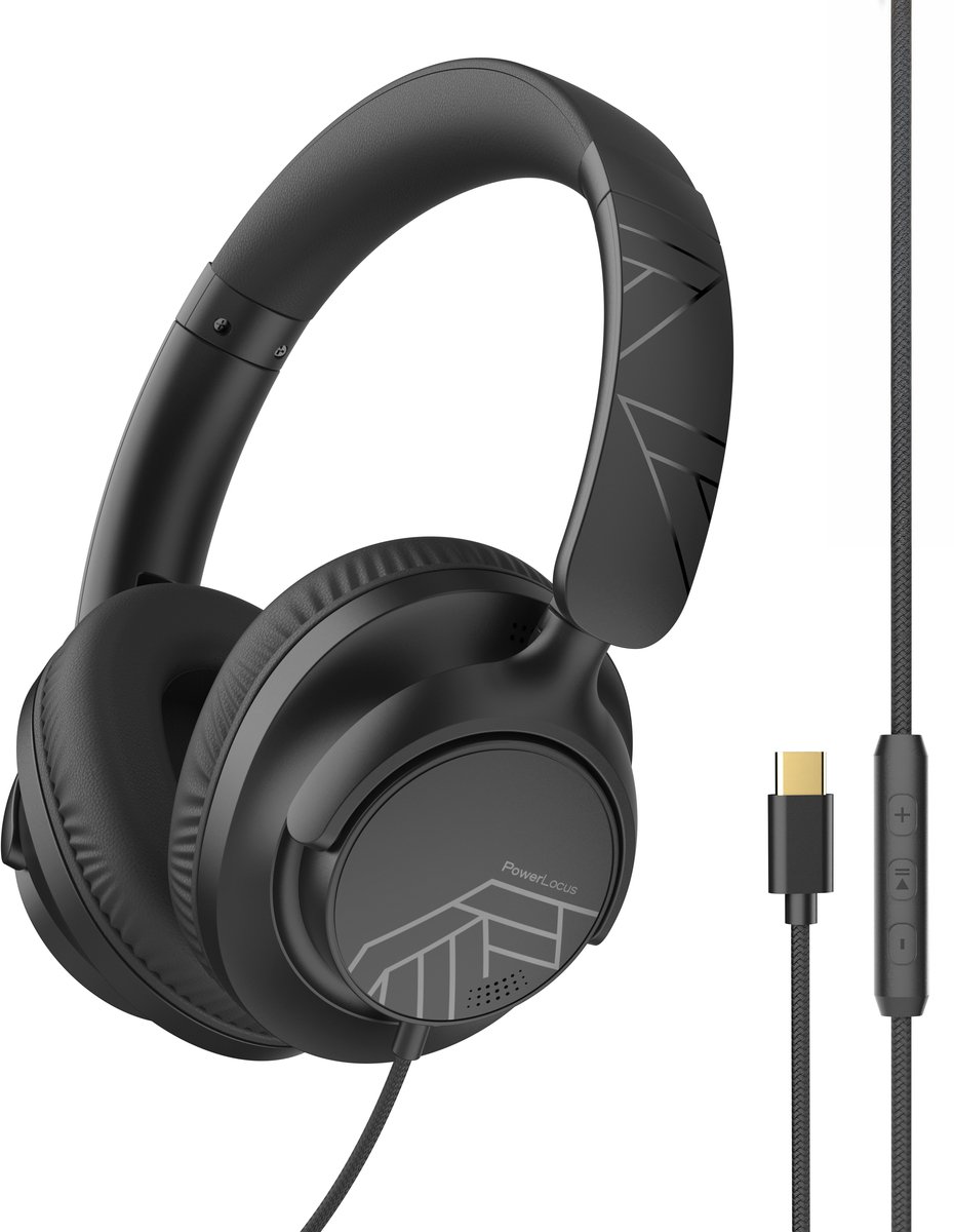 PowerLocus Pwired - Koptelefoon met Draad USB-C - Microfoon - Inklapbaar - Over-Ear Hoofdtelefoon met Kabel - Comfortabele Pasvorm - Zwart