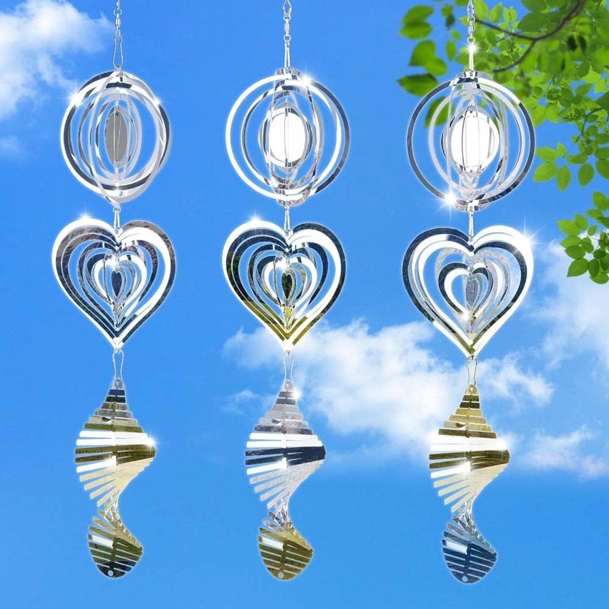 3 stuks Zilveren windspinner vogelverschrikker, 10×46 cm metaal, tuin hangdecoratie en afschrikmiddel
