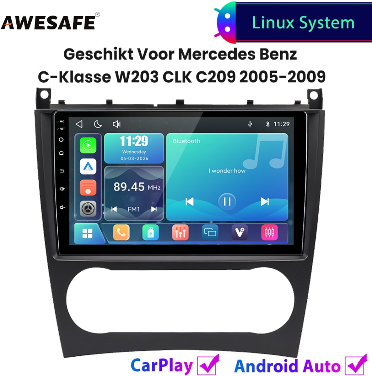 Awesafe Autoradio - Geschikt Voor Mercedes Benz C-Klasse W203 CLK C209 2005 t/m 2009 - Draadloos Carplay Android Auto - Linux systeem - Touchscreen - Bluetooth Wifi - 2005 2006 2007 2008 2009