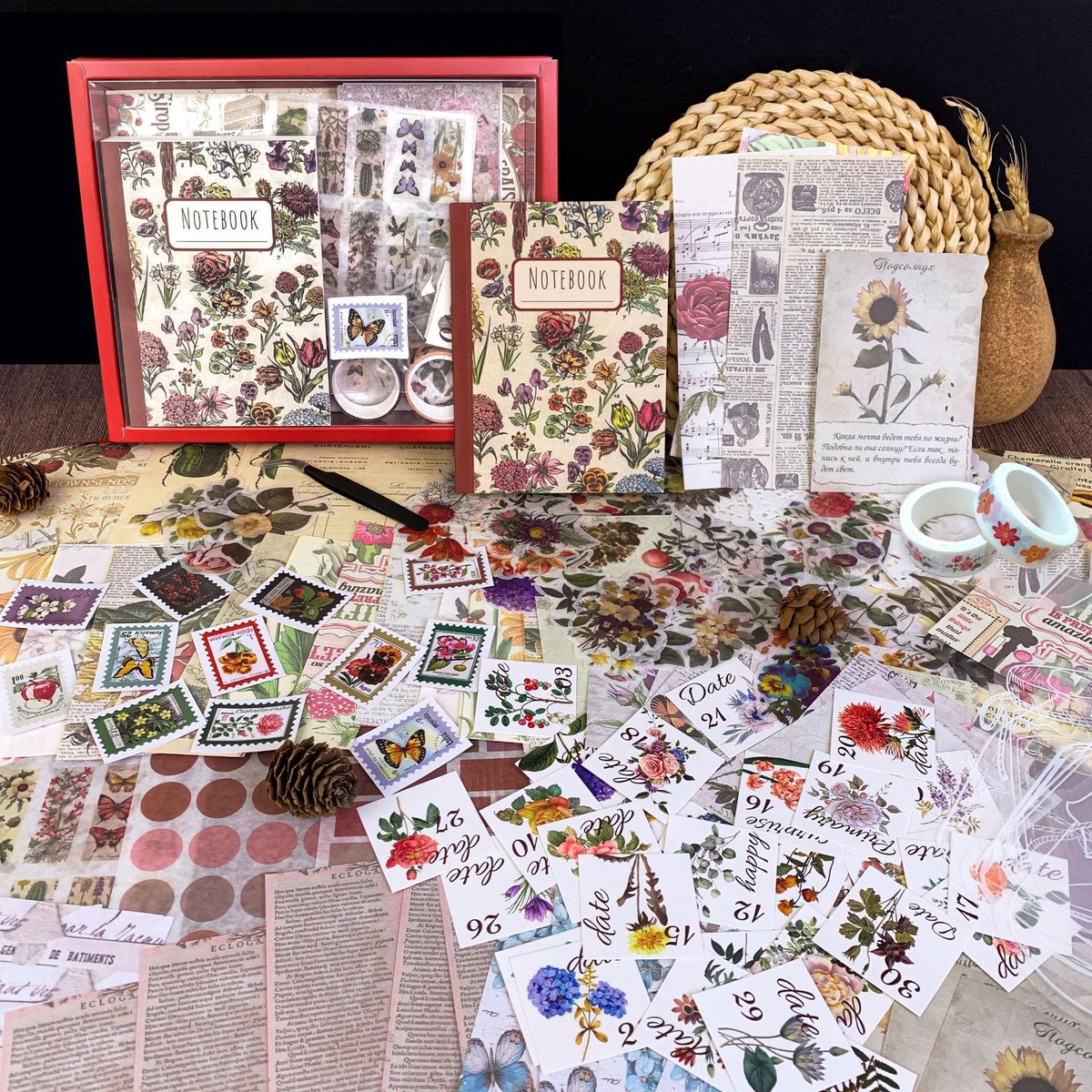 casalora® Vintage Scrapbookset - Vintage Knutselpakket - Set met Papier en Stickers - Scrapbookpapier met Rood Dieren- en Plantenthema - Stationery Set - DIY Kunst- en Collageprojecten - Cadeau voor Knutsel- en Creatieve Liefhebbers - Rood