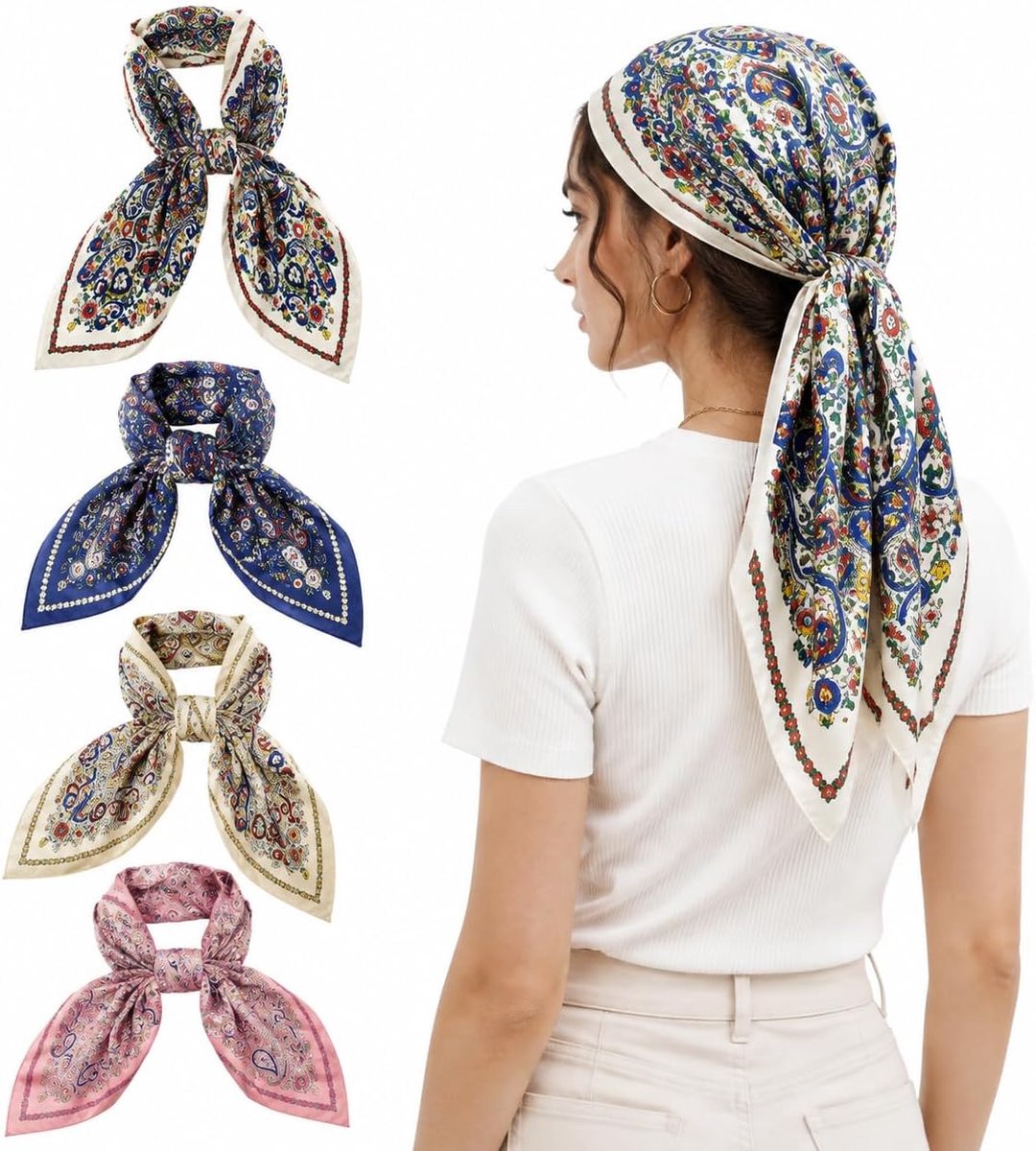 Vrouwen sjaal set van 4 - satijnen zijden vierkante bandana - lichtgewicht halsdoek - stijlvol haaraccessoire - ShopVlot