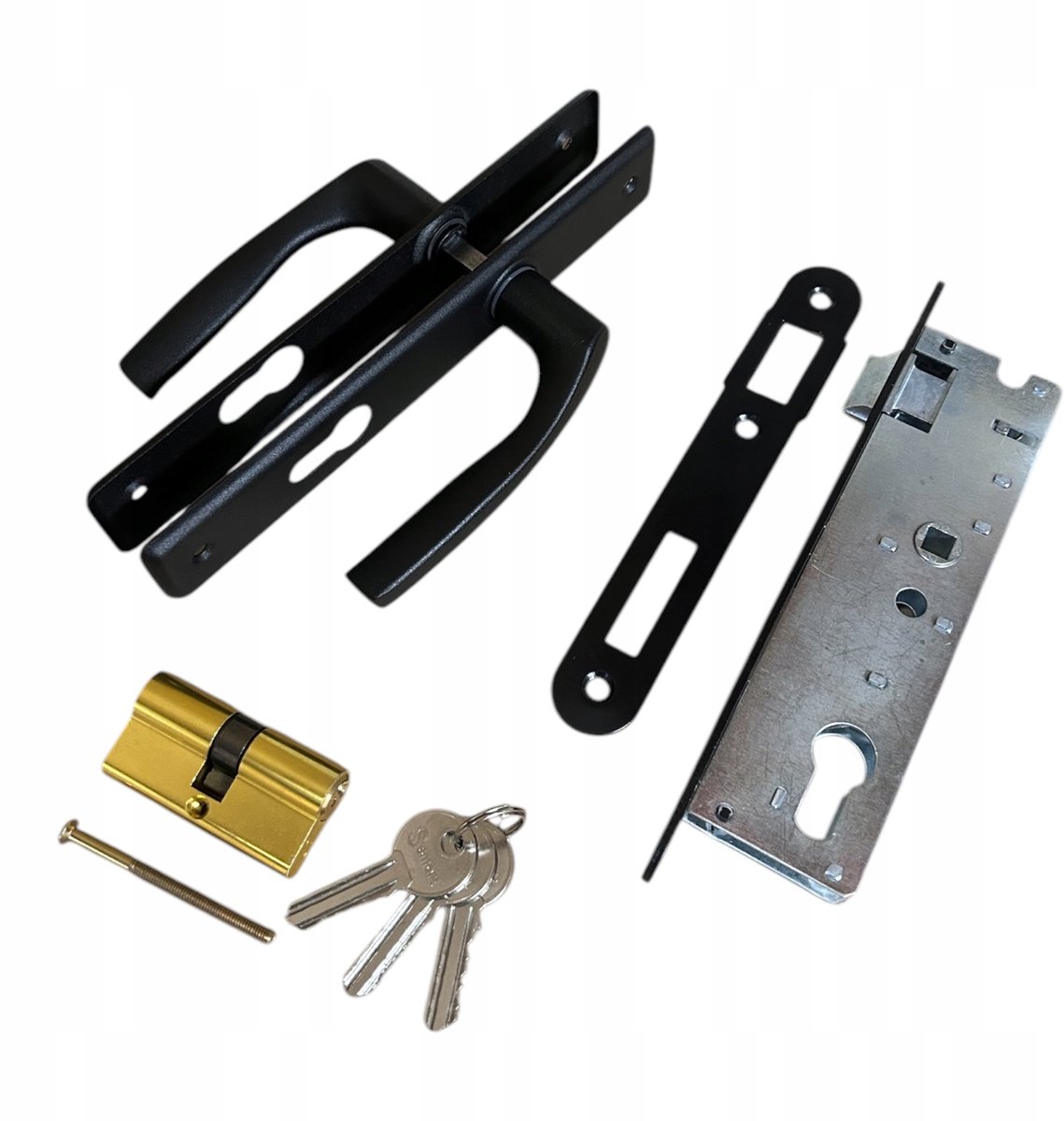 Deurkruk set voor poorten, 72mm, zwart, met slot en cilinder