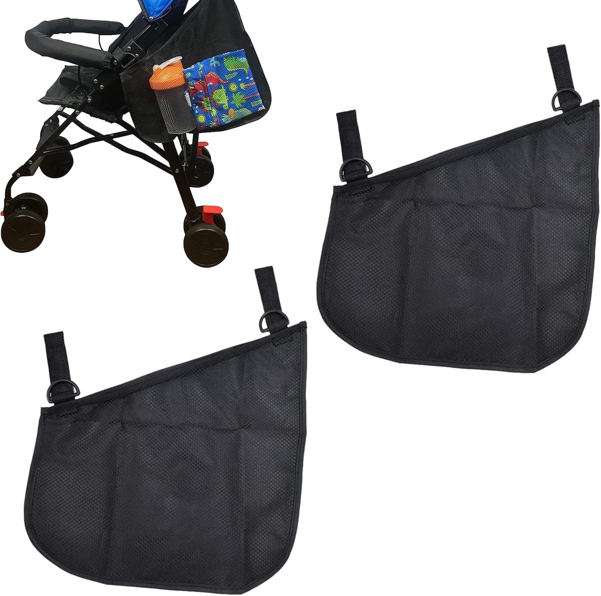 Kinderwagen organizer - 2 Stuks - Hangende - Boodschappennet kinderwagen - Buggy tas - Buggy Organizer - Draagbare Opbergtas - Buggy netje - Wandelwagen organizer - Voor flesjes, speelgoed en baby accessoires - Zwart