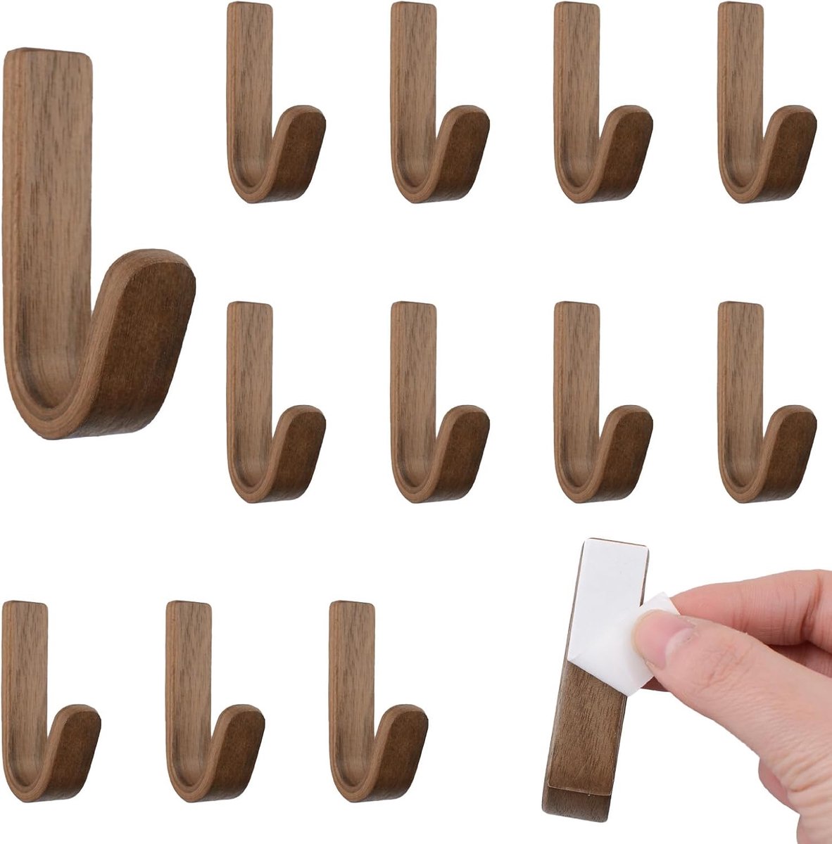 Wandhaak 12 stuks - J-type zelfklevend - Natuurlijk walnotenhout - Ideaal voor sleutels en jassen - ShopVlot