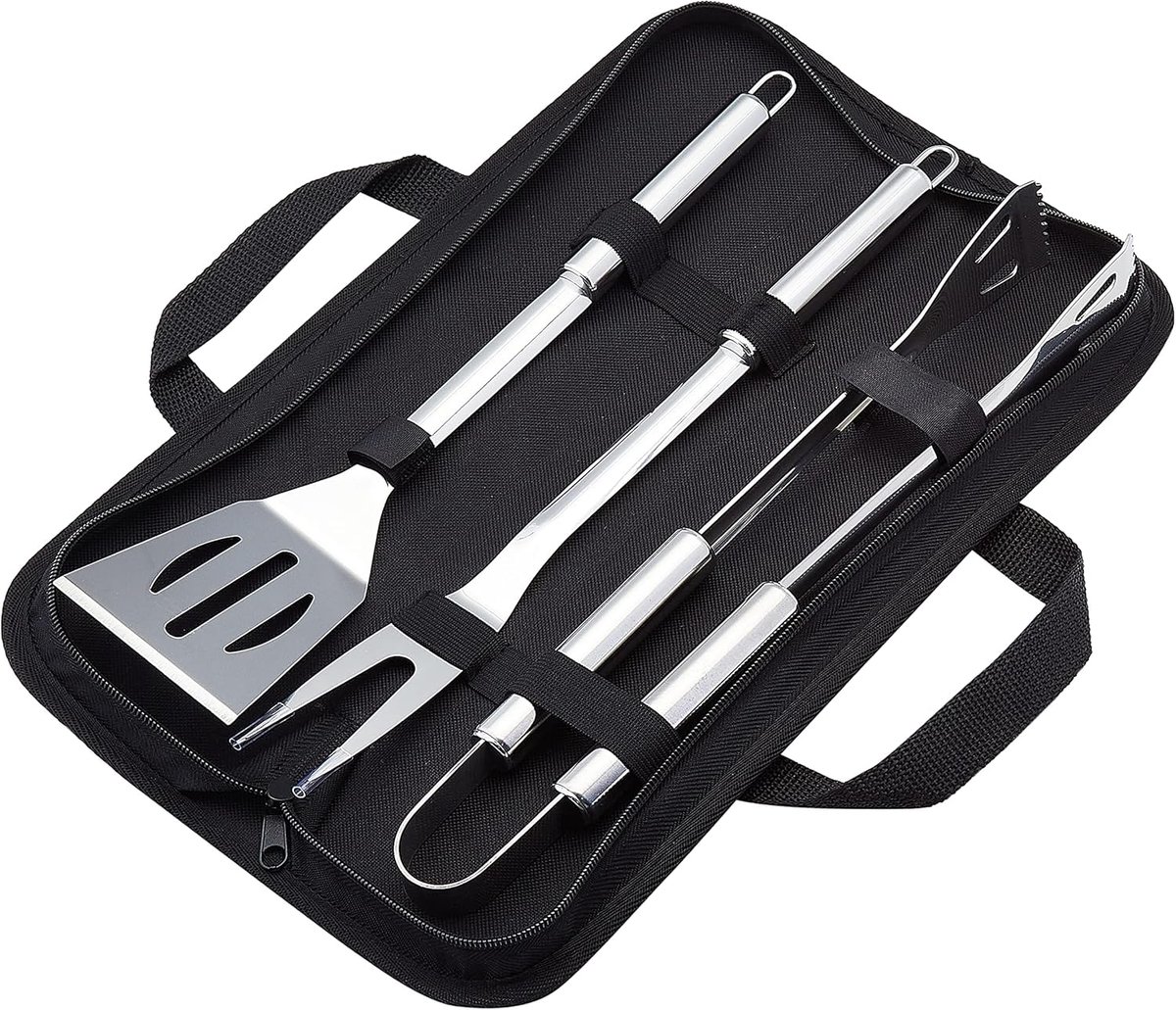Casalora BBQ-gereedschapsset – Grillaccessoires van roestvrij staal – Grillaccessoires voor buiten – BBQ-gereedschap – 3-delige set –Wordt geleverd met een handig opbergetui - Inclusief tang, spatel en vork – Zwart