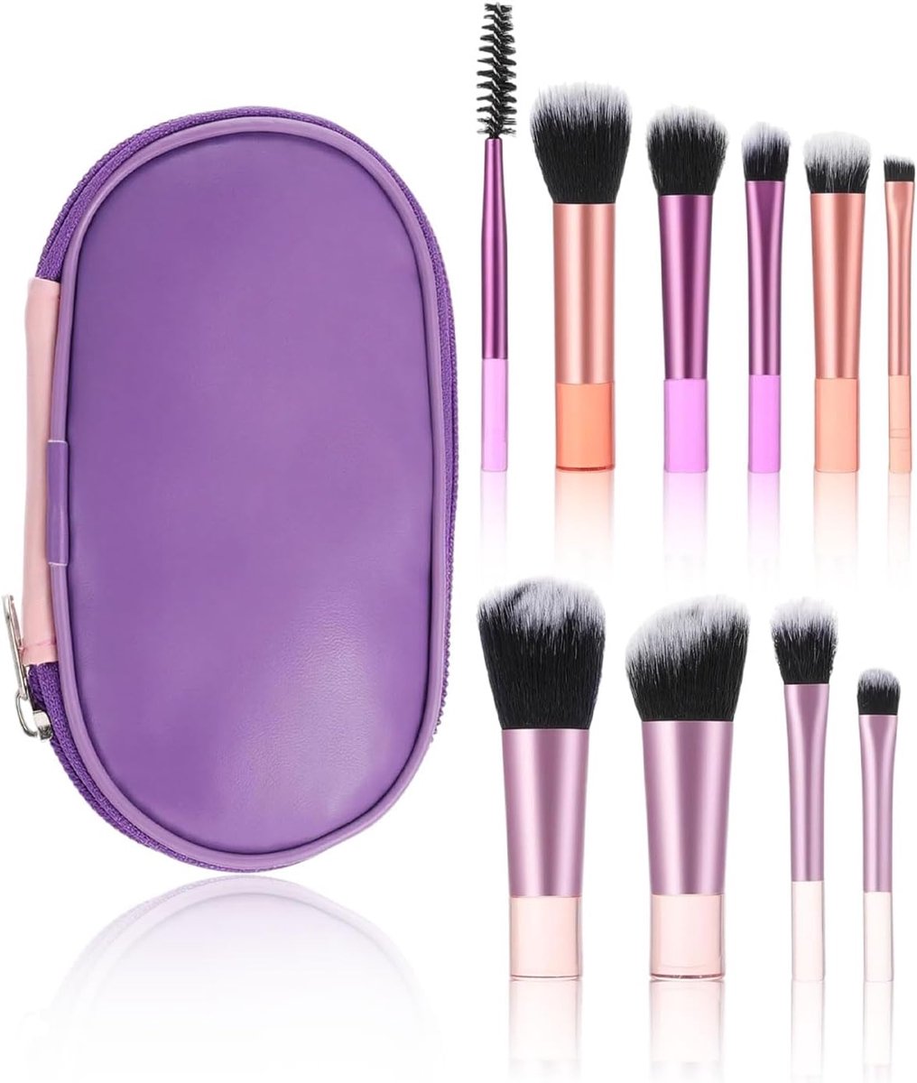 Reis borstelset make-up mini - 10 stuks - lila opbergtas - compacte cosmetiekborstels - ShopVlot