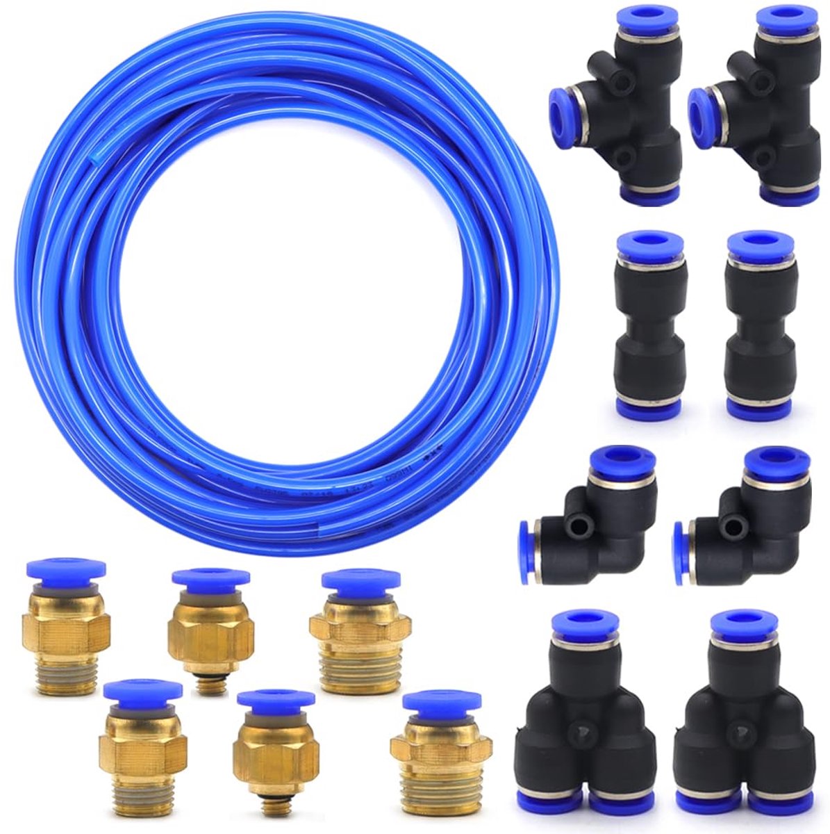 KtbeYTi Polyurethaan pneumatische slang, 10 m, blauw, 6 mm OD x 4 mm ID met 14 snelkoppelingen (vorm Y/T/L/I) voor - ShopVlot