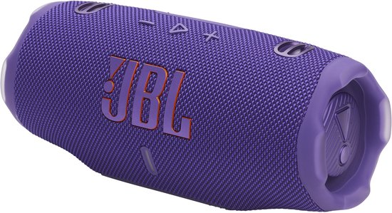 Paarse JBL Charge 6 Bluetooth speaker, schuin van voren gezien, met rood JBL logo.