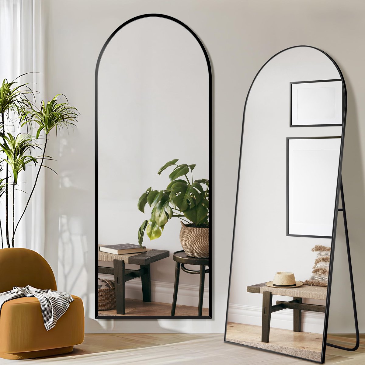 Vloerspiegel 161 x 52 cm - zwart frame - gewelfde staande spiegel - perfect voor slaapkamer of woonkamer - ShopVlot