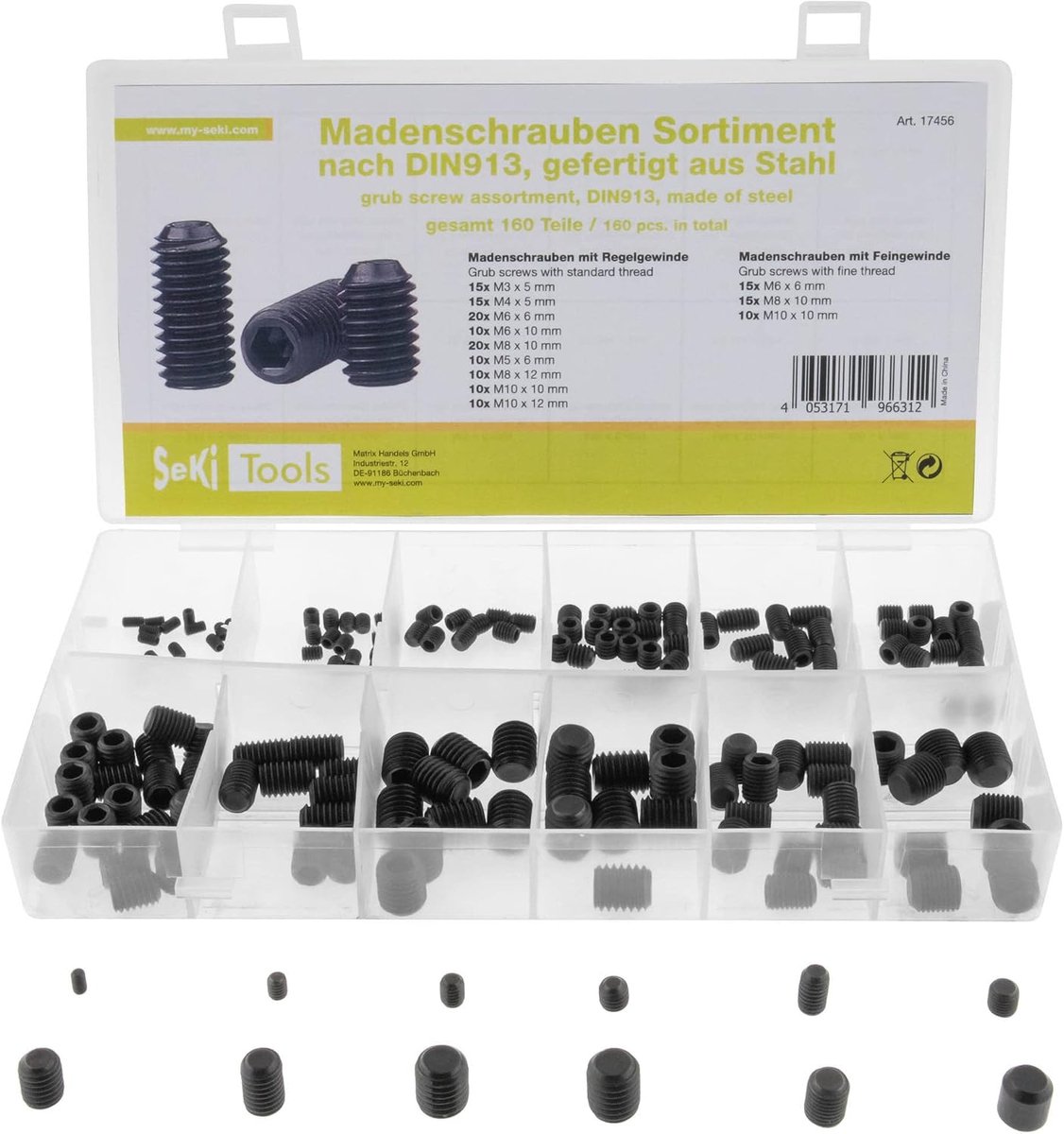 Madenschroeven assortiment 160 stuks - M3 tot M10 - staal - veelzijdig gebruik - ShopVlot