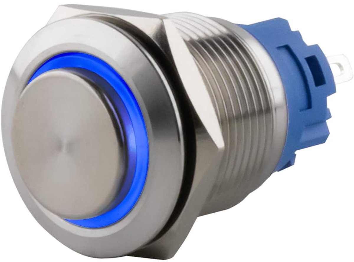 Drukschakelaar 16 mm - roestvrij staal - vergrendelend - blauwe LED-ring verlichting - ShopVlot
