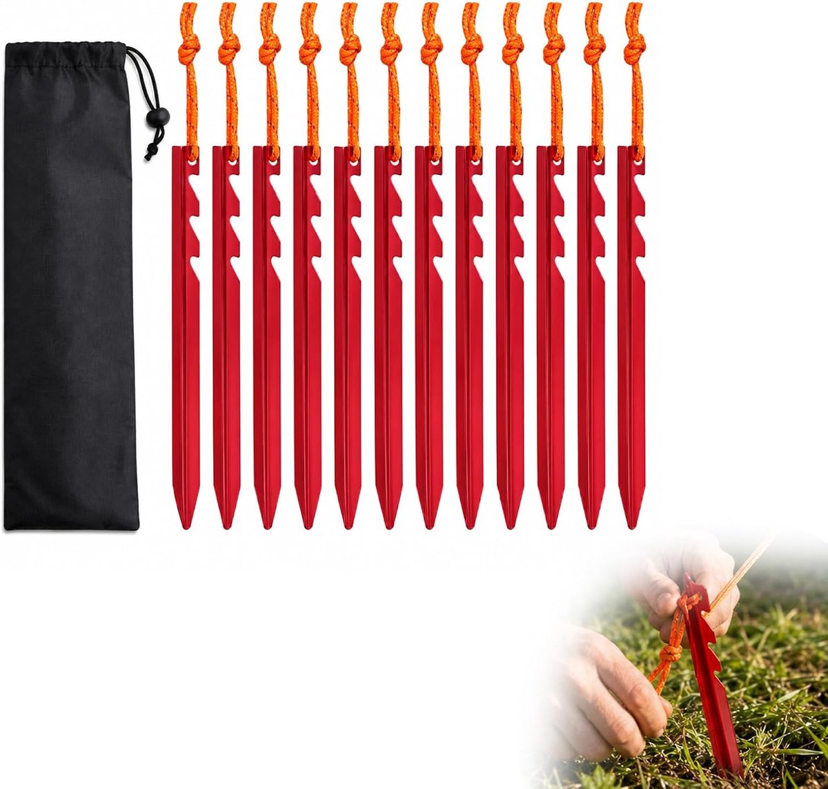 Zeltharingen 18 cm - Y-vorm aluminium - rood met reflectorkoord - stabiele verankering - ShopVlot