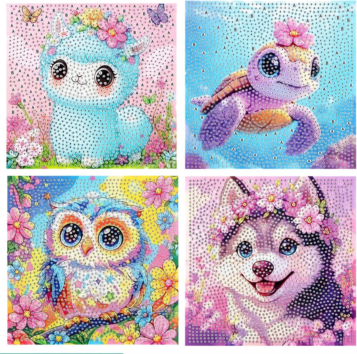 Diamant schilderen voor kinderen - 4 stuks 17 x 17 cm - schattige dierenmotieven - creatief plezier - ShopVlot