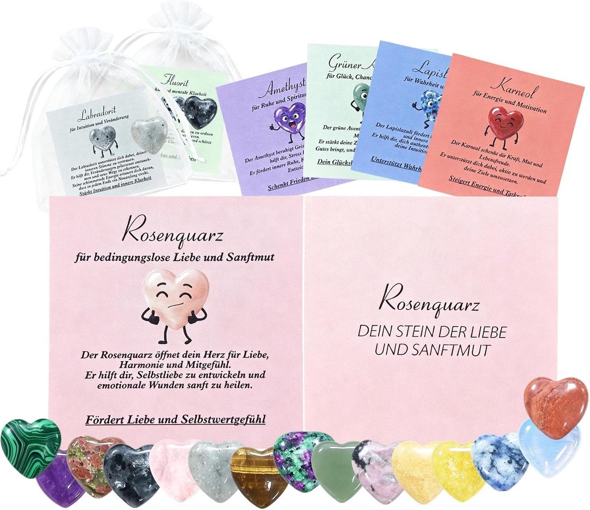 Geluksstenen set - 15 kleurrijke harten stenen - inclusief betekeniskaart - voor positieve energie - ShopVlot